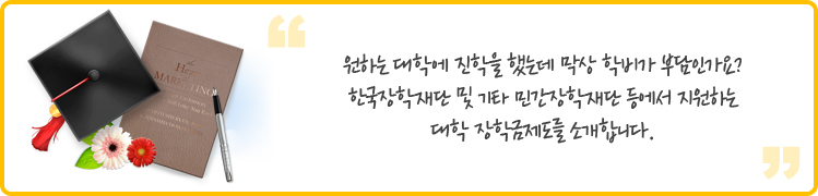 원하는 대학에 진학을 했는데 막상 학비가 부담인가요? 한국장학재단 및 기타 민간장학재단 등에서 지원하는 대학 장학금제도를 소개합니다. 