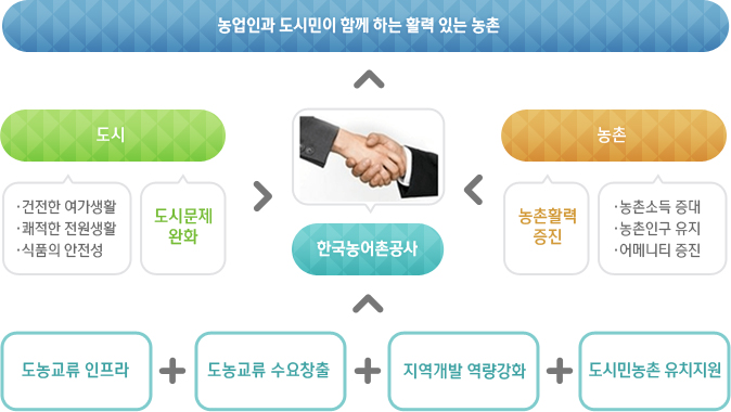 도시-[건전한 여가생활-쾌적한 전원생활-식품의 안전성-도시문제 완화]-농촌-[농촌활력증진-농촌소득 증대-농촌인구 유지-어메니티 증진]-[도농교류인프라-도농교류수요창충-지역개발역량강화-도시민농촌유치지원]-한국농어촌공사